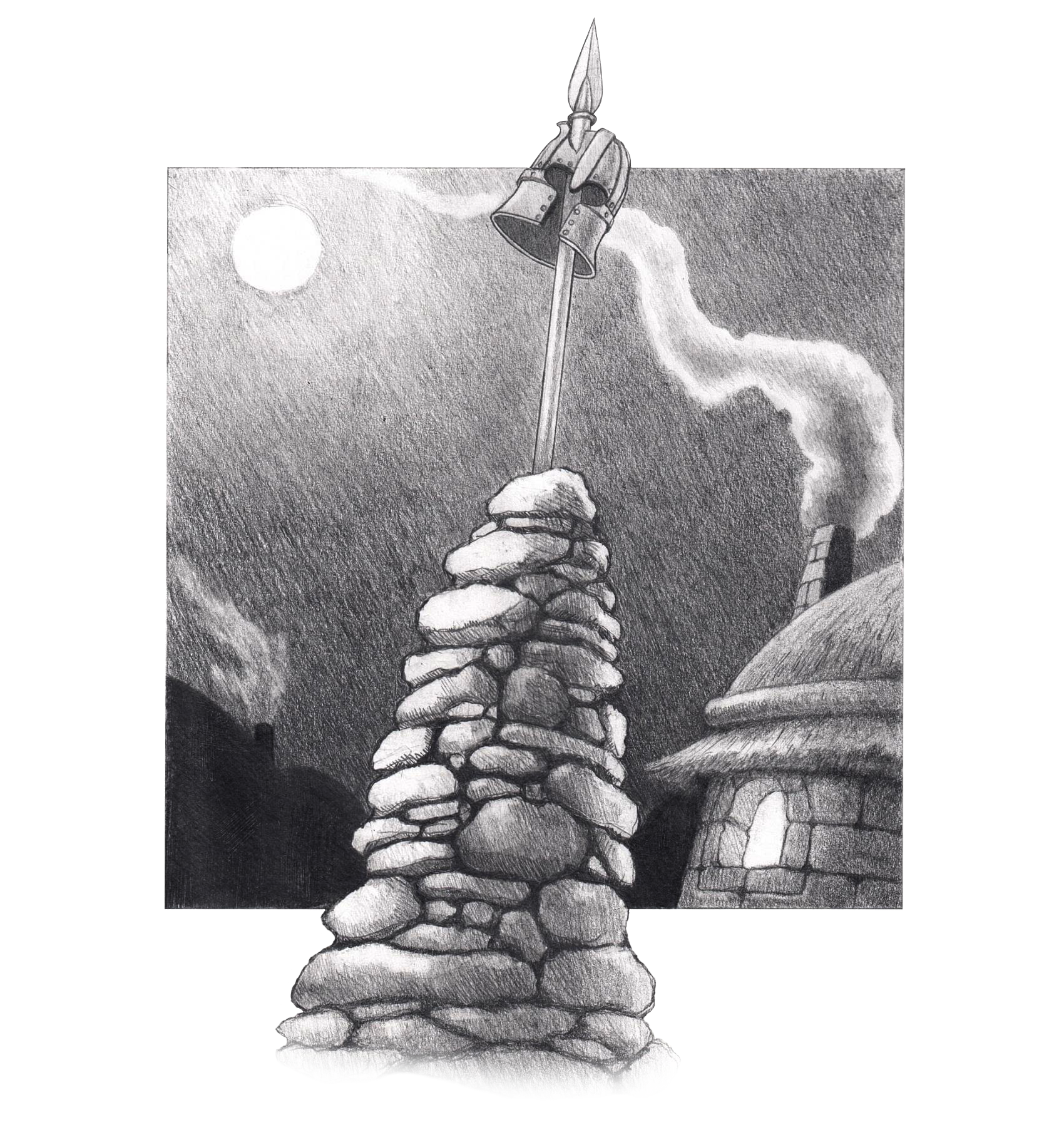 A cracked helmet impaled on a spear.